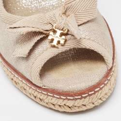 Pre Owned Tory Burch Grey Canvas Jackie Bow Espadrille Wedge Pumps Size 37