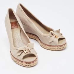 Pre Owned Tory Burch Grey Canvas Jackie Bow Espadrille Wedge Pumps Size 37