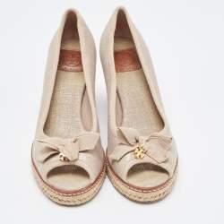 Pre Owned Tory Burch Grey Canvas Jackie Bow Espadrille Wedge Pumps Size 37