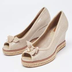 Pre Owned Tory Burch Grey Canvas Jackie Bow Espadrille Wedge Pumps Size 37