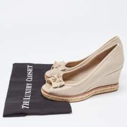 Pre Owned Tory Burch Grey Canvas Jackie Bow Espadrille Wedge Pumps Size 37