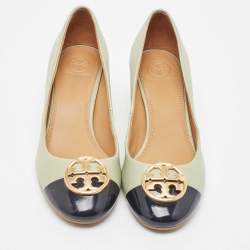 Pre Owned Tory Burch Green/Black  Patent and Leather Chelsea Pumps Size 37.5