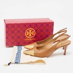Pre Owned Tory Burch Brown/Gold Leather Penelope Slingback Pumps Size 38