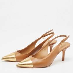 Pre Owned Tory Burch Brown/Gold Leather Penelope Slingback Pumps Size 38