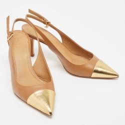 Pre Owned Tory Burch Brown/Gold Leather Penelope Slingback Pumps Size 38
