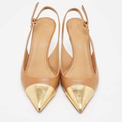 Pre Owned Tory Burch Brown/Gold Leather Penelope Slingback Pumps Size 38