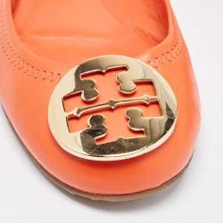 Tory Burch Orange Leather Minnie Scrunch Ballet Flats Size 36.5 