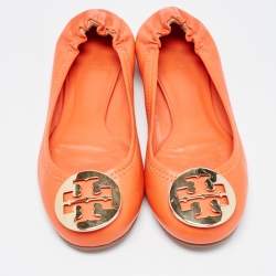 Tory Burch Orange Leather Minnie Scrunch Ballet Flats Size 36.5 