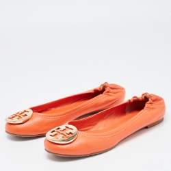 Tory Burch Orange Leather Minnie Scrunch Ballet Flats Size 36.5 