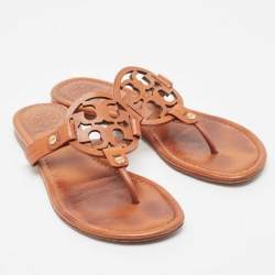 Pre Owned Tory Burch Brown Leather Thong Flat Slides Size 36.5