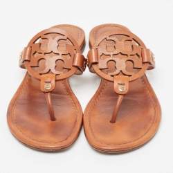 Pre Owned Tory Burch Brown Leather Thong Flat Slides Size 36.5