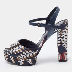 Pre Owned Tory Burch Navy Blue Leather and Brocade Fabric Platform Ankle Strap Sandals Size 36.5 