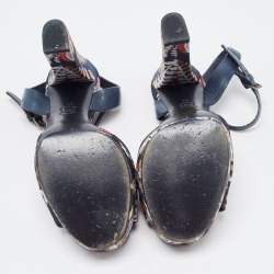 Pre Owned Tory Burch Navy Blue Leather and Brocade Fabric Platform Ankle Strap Sandals Size 36.5 