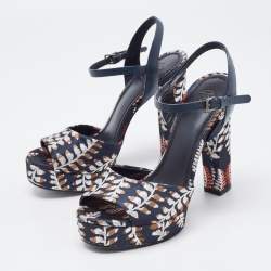 Pre Owned Tory Burch Navy Blue Leather and Brocade Fabric Platform Ankle Strap Sandals Size 36.5 