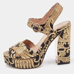 Pre Owned Tory Burch Gold/Black Brocade Fabric Loretta Sandals Size 36