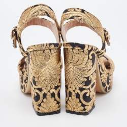Pre Owned Tory Burch Gold/Black Brocade Fabric Loretta Sandals Size 36