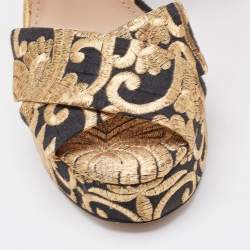 Pre Owned Tory Burch Gold/Black Brocade Fabric Loretta Sandals Size 36