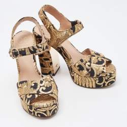 Pre Owned Tory Burch Gold/Black Brocade Fabric Loretta Sandals Size 36