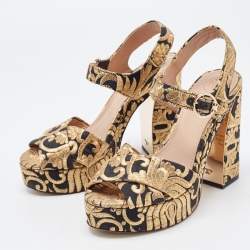 Pre Owned Tory Burch Gold/Black Brocade Fabric Loretta Sandals Size 36