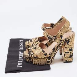 Pre Owned Tory Burch Gold/Black Brocade Fabric Loretta Sandals Size 36