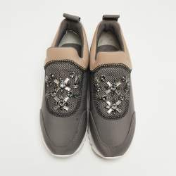 Pre Owned Tory Burch Grey/Beige Neoprene And Mesh Storm Cloud Crystal Embellished Slip On Sneakers Size 38