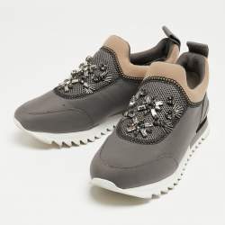 Pre Owned Tory Burch Grey/Beige Neoprene And Mesh Storm Cloud Crystal Embellished Slip On Sneakers Size 38