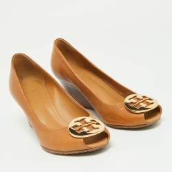 Pre Owned Tory Burch Beige Leather Reva Peep Toe Wedge Pumps Size 36