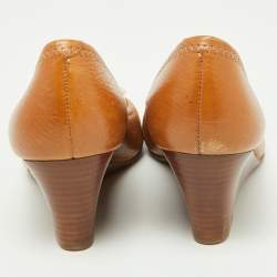 Pre Owned Tory Burch Beige Leather Reva Peep Toe Wedge Pumps Size 36