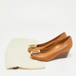 Pre Owned Tory Burch Beige Leather Reva Peep Toe Wedge Pumps Size 36