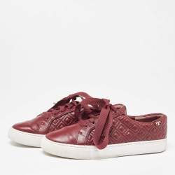 Pre Owned Tory Burch Red Quilted Leather Marion Lace Up Sneakers Size 39