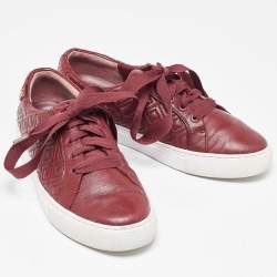Pre Owned Tory Burch Red Quilted Leather Marion Lace Up Sneakers Size 39