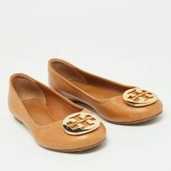 Pre Owned Tory Burch Brown Leather Reva Pebbled Ballet Flats Size 35.5