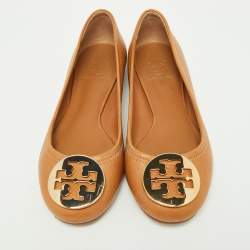 Pre Owned Tory Burch Brown Leather Reva Pebbled Ballet Flats Size 35.5
