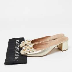 Tory Burch Gold Leather Vail Block Heel Mules Size 37.5 