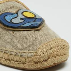 Pre Owned Tory Burch Beige/Metallic Leather and Canvas Trim Parrot Espadrilles Flats Size 38