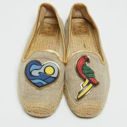 Pre Owned Tory Burch Beige/Metallic Leather and Canvas Trim Parrot Espadrilles Flats Size 38