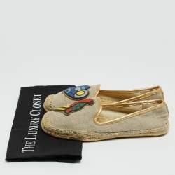 Pre Owned Tory Burch Beige/Metallic Leather and Canvas Trim Parrot Espadrilles Flats Size 38