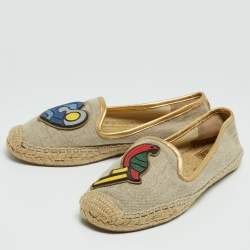 Pre Owned Tory Burch Beige/Metallic Leather and Canvas Trim Parrot Espadrilles Flats Size 38