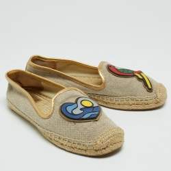 Pre Owned Tory Burch Beige/Metallic Leather and Canvas Trim Parrot Espadrilles Flats Size 38