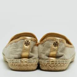 Pre Owned Tory Burch Beige/Metallic Leather and Canvas Trim Parrot Espadrilles Flats Size 38