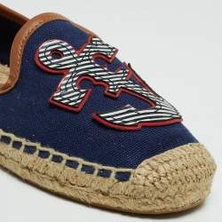 Pre Owned Tory Burch Navy Blue Canvas And Leather Espadrilles Flats Size 38