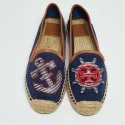 Pre Owned Tory Burch Navy Blue Canvas And Leather Espadrilles Flats Size 38