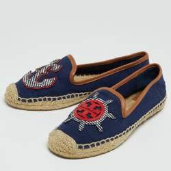 Pre Owned Tory Burch Navy Blue Canvas And Leather Espadrilles Flats Size 38
