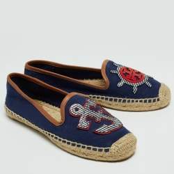 Pre Owned Tory Burch Navy Blue Canvas And Leather Espadrilles Flats Size 38