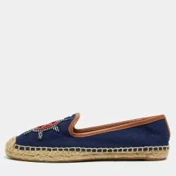Pre Owned Tory Burch Navy Blue Canvas And Leather Espadrilles Flats Size 38