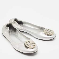 Pre Owned Tory Burch Metallic Silver Leather Reva Scrunch Ballet Flats Size 39