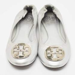 Pre Owned Tory Burch Metallic Silver Leather Reva Scrunch Ballet Flats Size 39