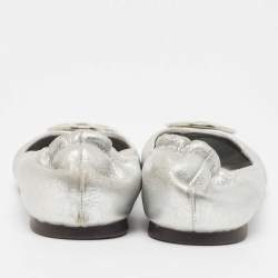Pre Owned Tory Burch Metallic Silver Leather Reva Scrunch Ballet Flats Size 39