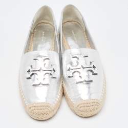 Pre Owned Tory Burch Metallic Silver Leather Ines Espadrille Flats Size 38.5