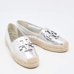 Pre Owned Tory Burch Metallic Silver Leather Ines Espadrille Flats Size 38.5